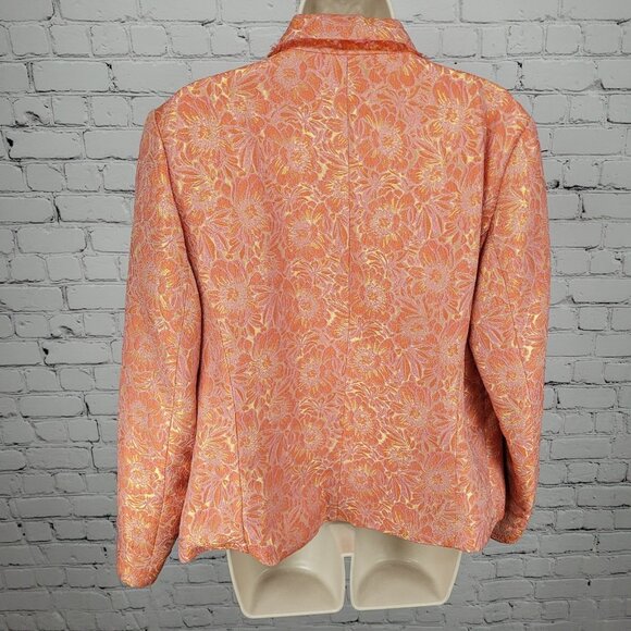 ECI New York Orange Floral 100% Silk Lined Rhinestone Snap Notch Jacket Size 14 - Picture 2 of 16